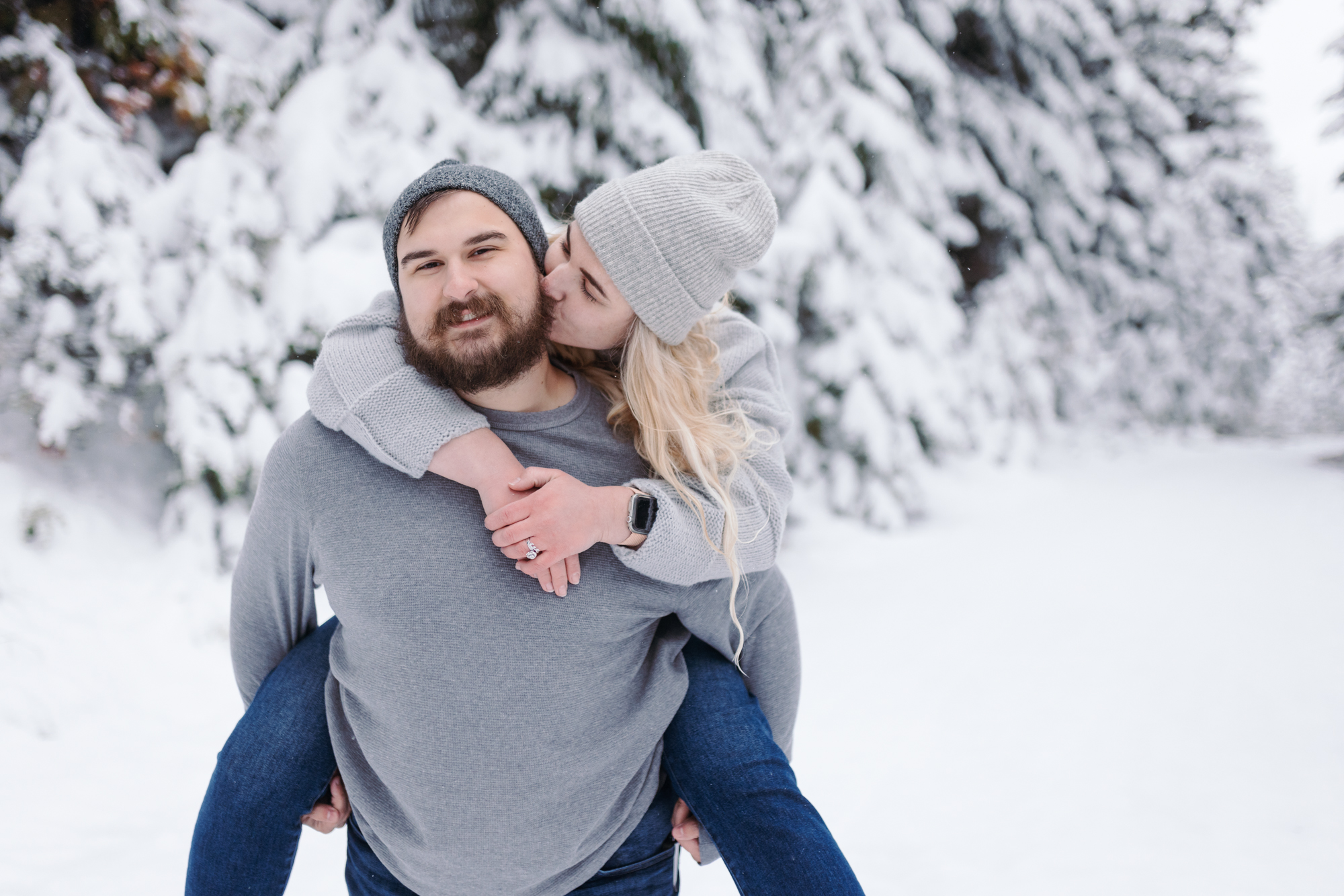 snowy forest engagement session oregon